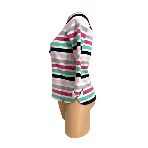 Talbots Women's P Petite Striped Top 100% Cotton Long Sleeve Button Mockneck Tee - Picture 4 of 6